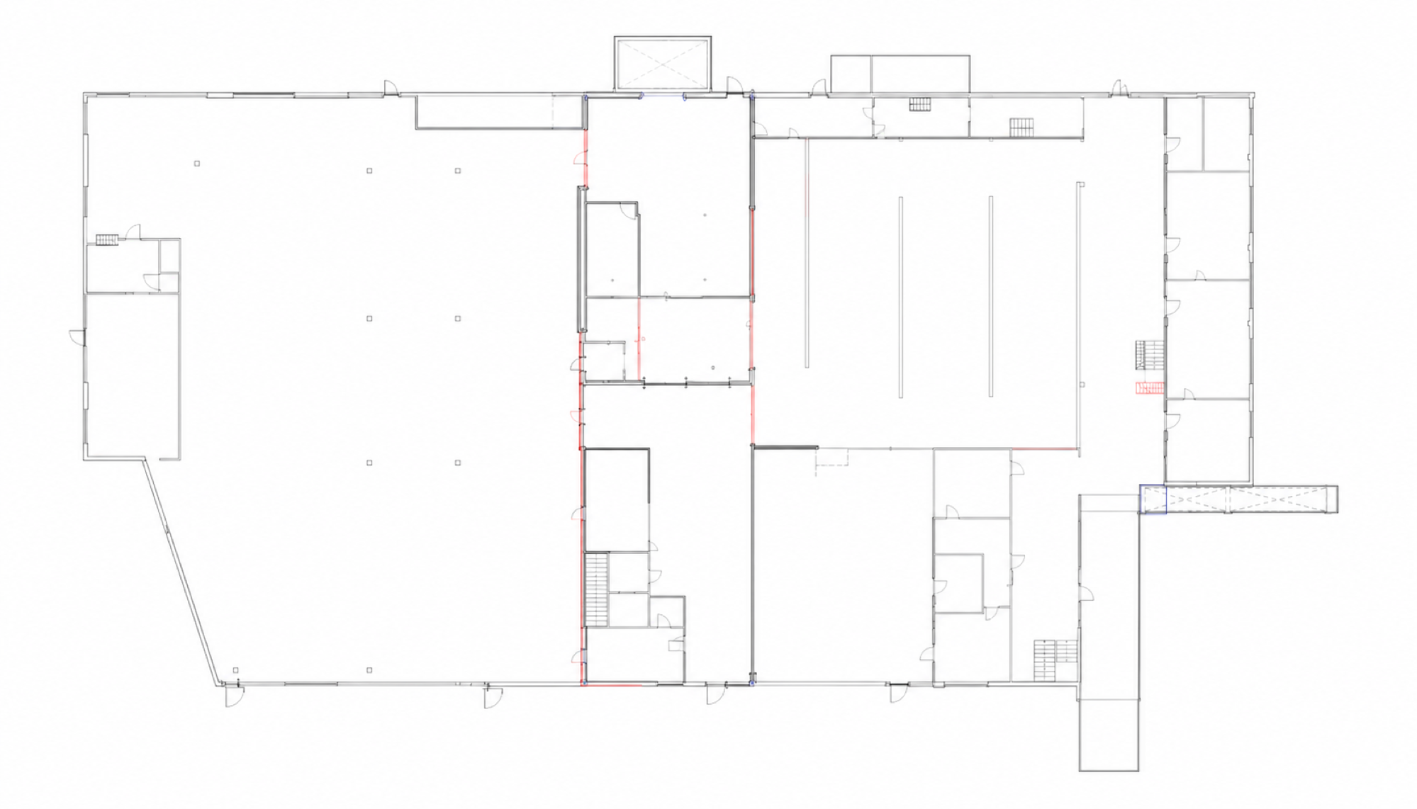 Demo floor plan with a production hall on the left and technical rooms on the right.