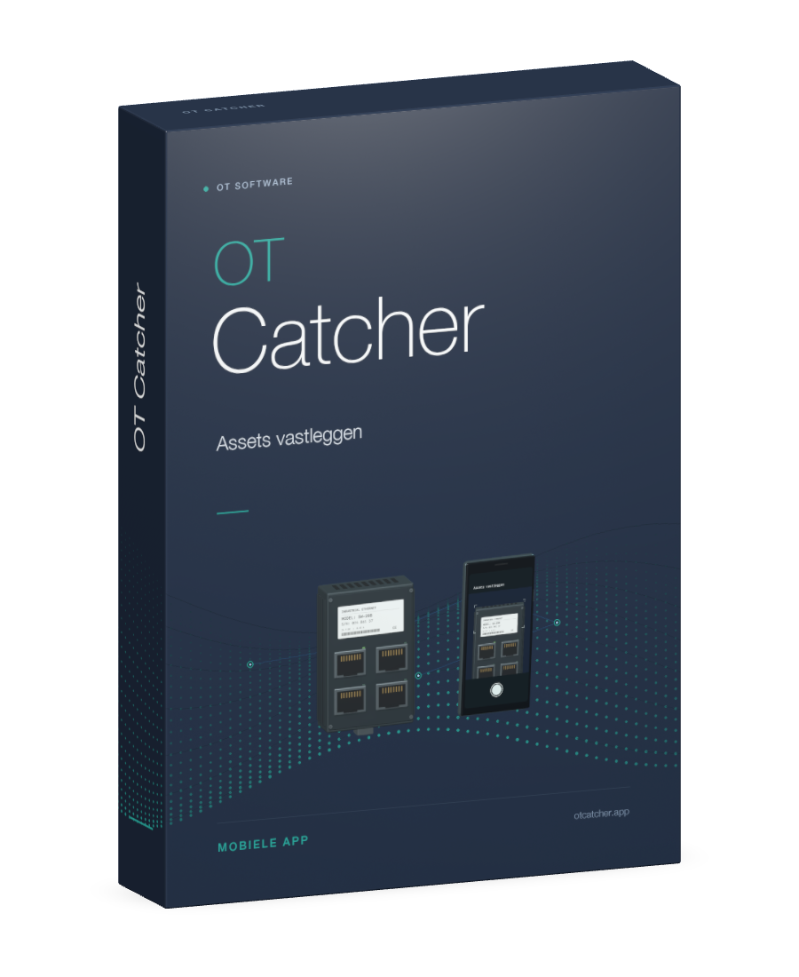 Dark blue OT Catcher software package with teal accents: capturing asset data.